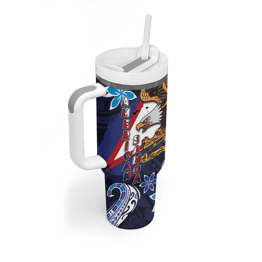 American Samoa Flag Day Tumbler With Handle Bald Eagle with Uatogi and Fue - Polynesian and Floral Tribal Tattoo