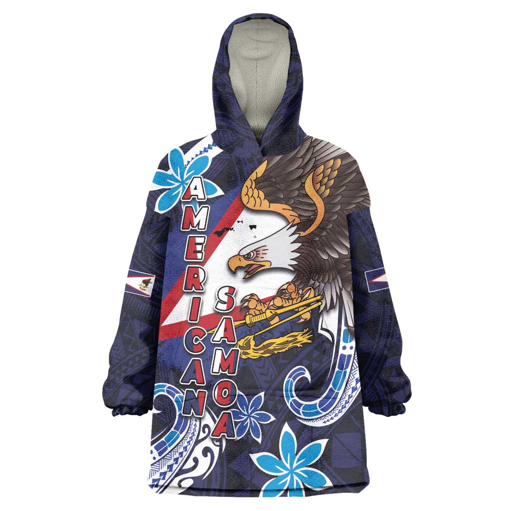American Samoa Flag Day Wearable Blanket Hoodie Bald Eagle with Uatogi and Fue - Polynesian and Floral Tribal Tattoo