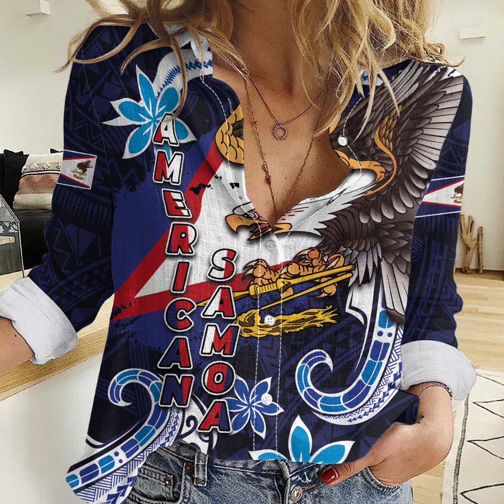 American Samoa Flag Day Women Casual Shirt Bald Eagle with Uatogi and Fue - Polynesian and Floral Tribal Tattoo