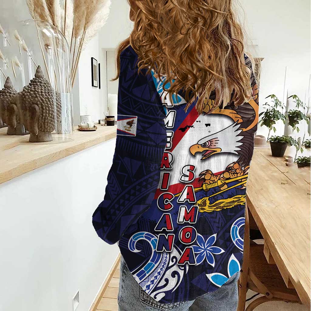 American Samoa Flag Day Women Casual Shirt Bald Eagle with Uatogi and Fue - Polynesian and Floral Tribal Tattoo