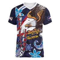 American Samoa Flag Day Women V-Neck T-Shirt Bald Eagle with Uatogi and Fue - Polynesian and Floral Tribal Tattoo