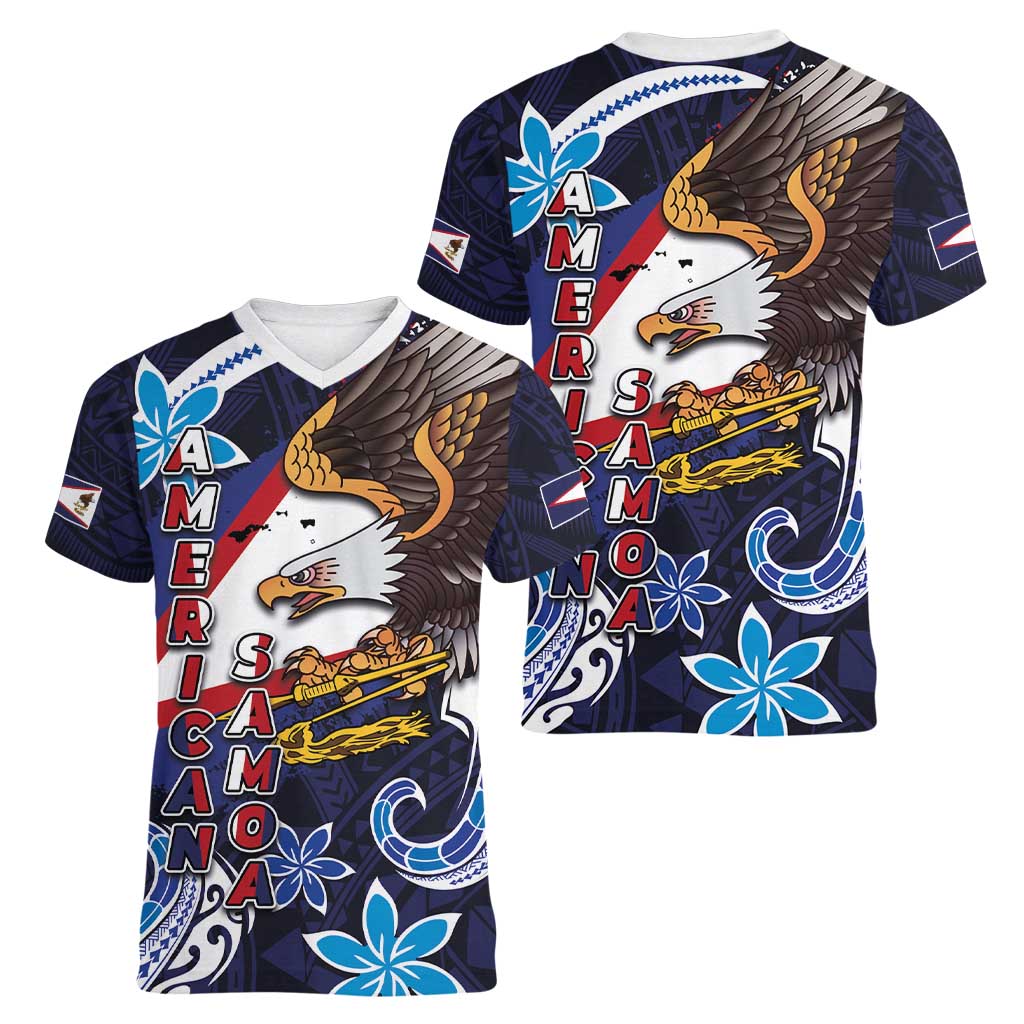 American Samoa Flag Day Women V-Neck T-Shirt Bald Eagle with Uatogi and Fue - Polynesian and Floral Tribal Tattoo