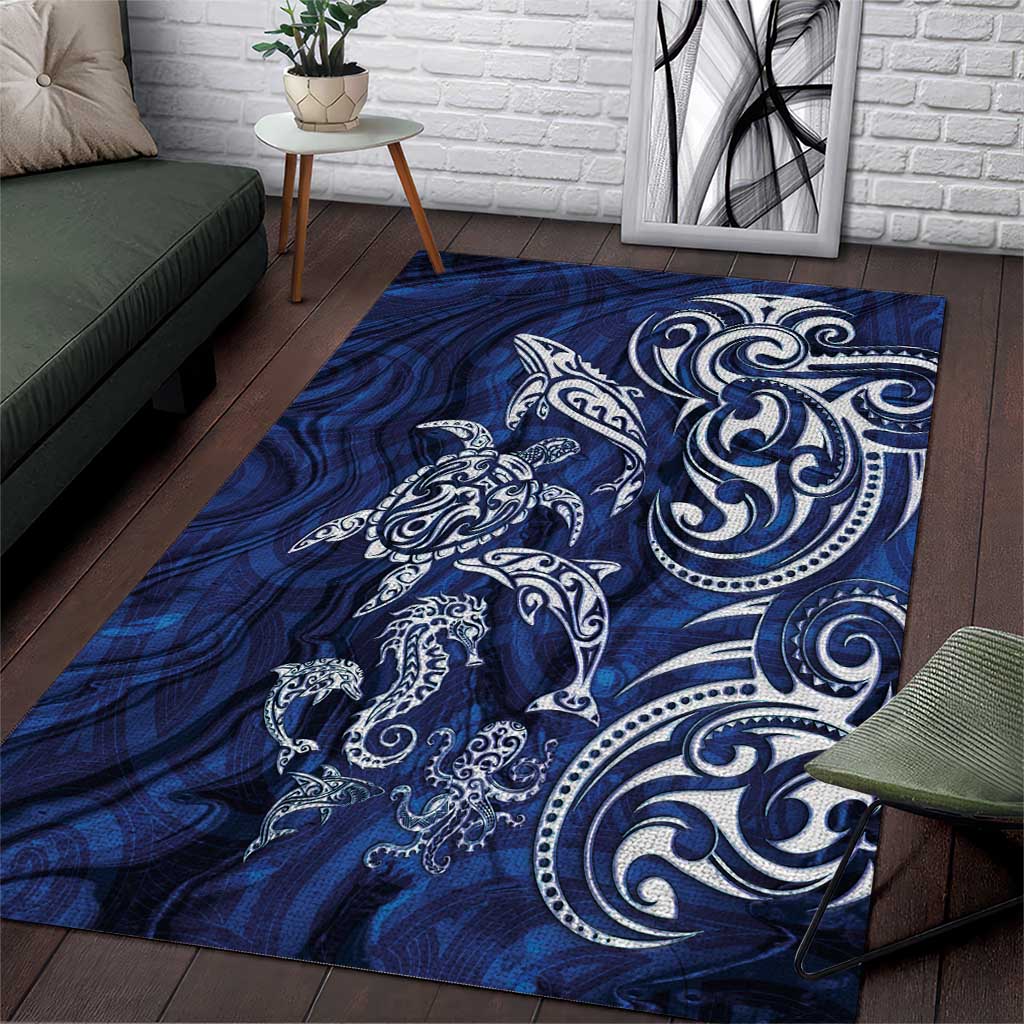 New Zealand Connecting with Seas Area Rug Maori Tribal and Sea Animals Tattoo - White Glass Style