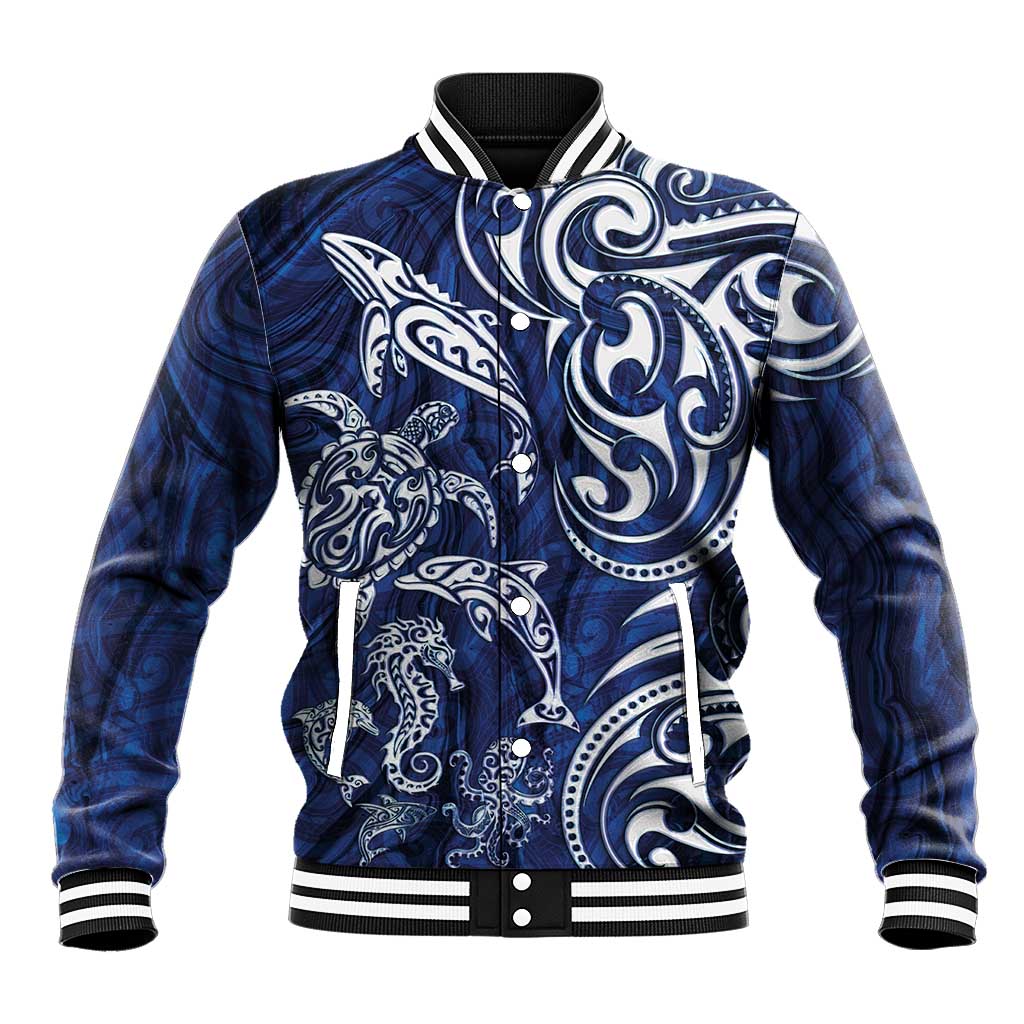 New Zealand Connecting with Seas Baseball Jacket Maori Tribal and Sea Animals Tattoo - White Glass Style LT03 Unisex Navy - Polynesian Pride