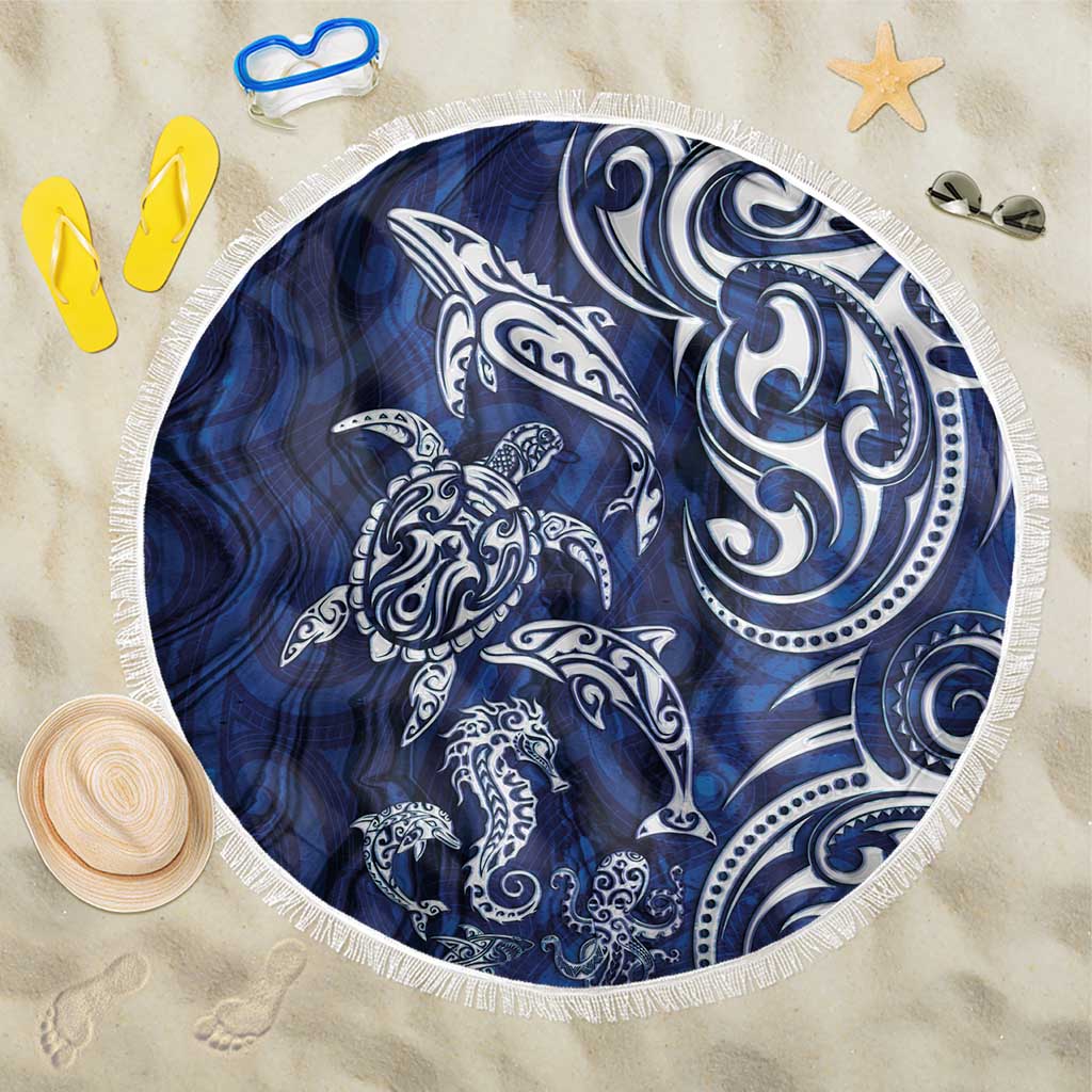 New Zealand Connecting with Seas Beach Blanket Maori Tribal and Sea Animals Tattoo - White Glass Style