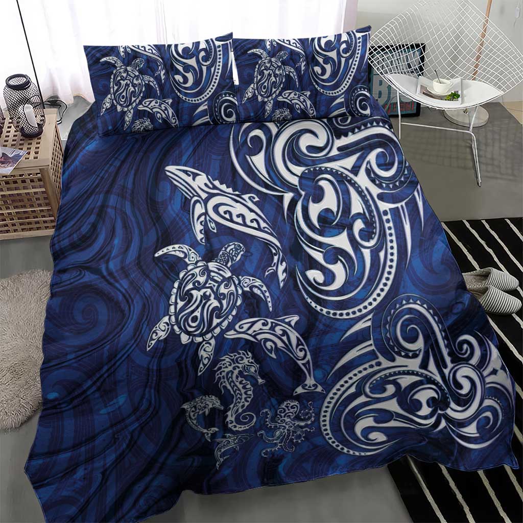 New Zealand Connecting with Seas Bedding Set Maori Tribal and Sea Animals Tattoo - White Glass Style