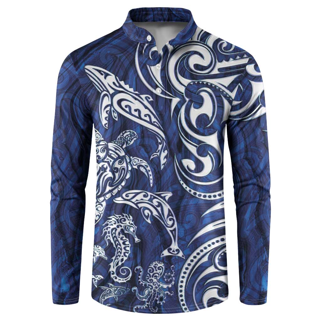 New Zealand Connecting with Seas Button Sweatshirt Maori Tribal and Sea Animals Tattoo - White Glass Style LT03 Navy - Polynesian Pride