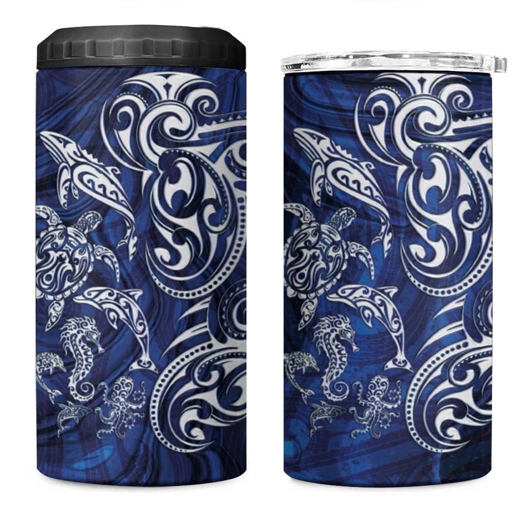 New Zealand Connecting with Seas 4 in 1 Can Cooler Tumbler Maori Tribal and Sea Animals Tattoo - White Glass Style