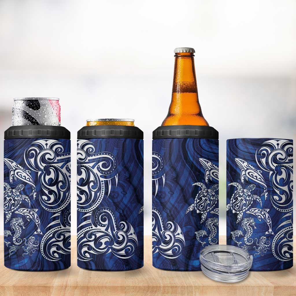 New Zealand Connecting with Seas 4 in 1 Can Cooler Tumbler Maori Tribal and Sea Animals Tattoo - White Glass Style