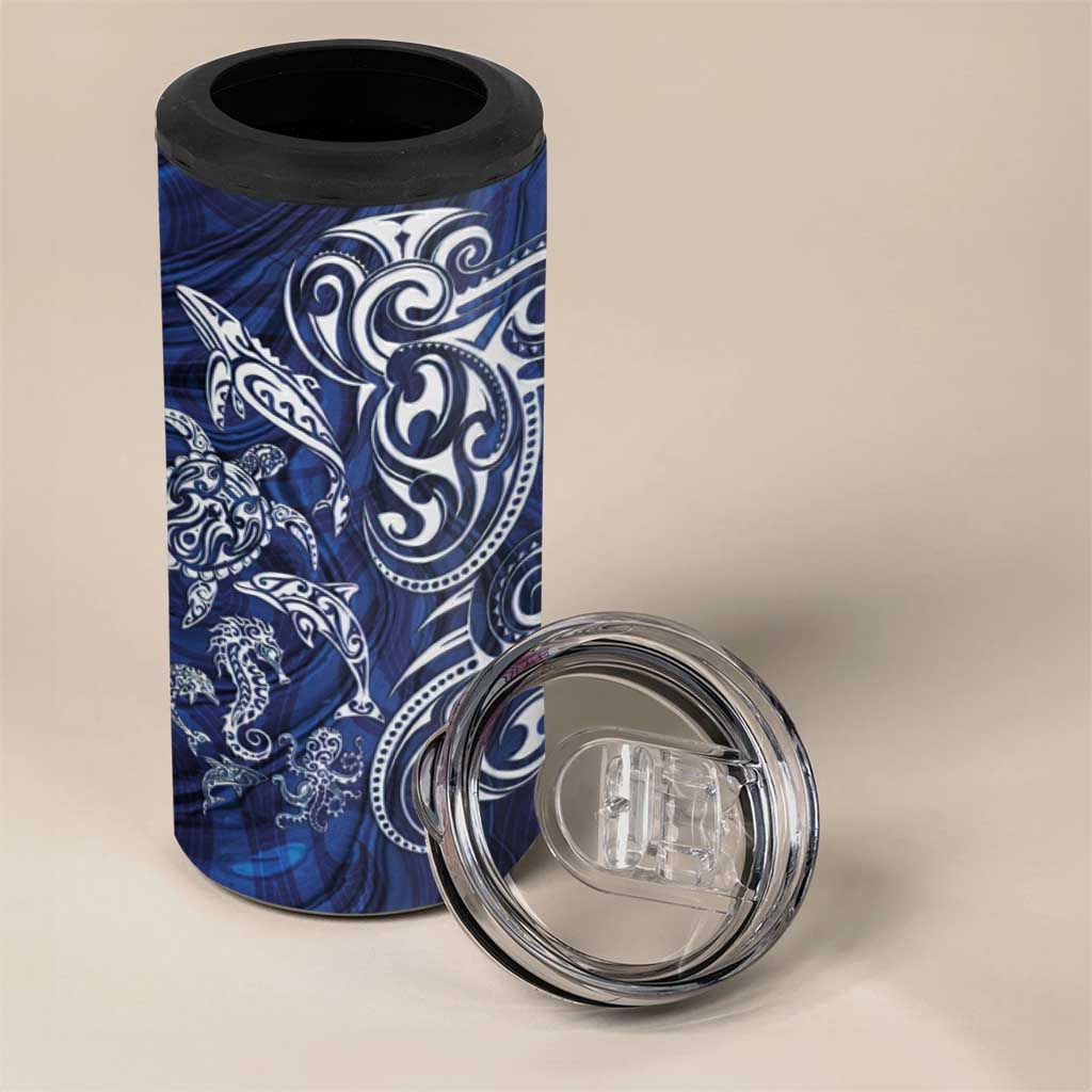 New Zealand Connecting with Seas 4 in 1 Can Cooler Tumbler Maori Tribal and Sea Animals Tattoo - White Glass Style