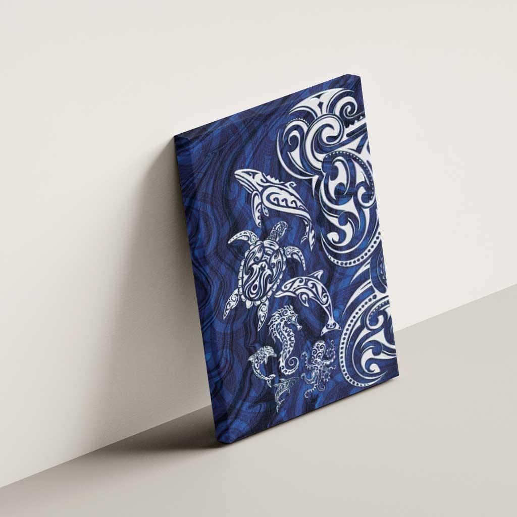 New Zealand Connecting with Seas Canvas Wall Art Maori Tribal and Sea Animals Tattoo - White Glass Style