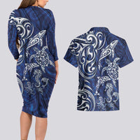 New Zealand Connecting with Seas Couples Matching Long Sleeve Bodycon Dress and Hawaiian Shirt Maori Tribal and Sea Animals Tattoo - White Glass Style