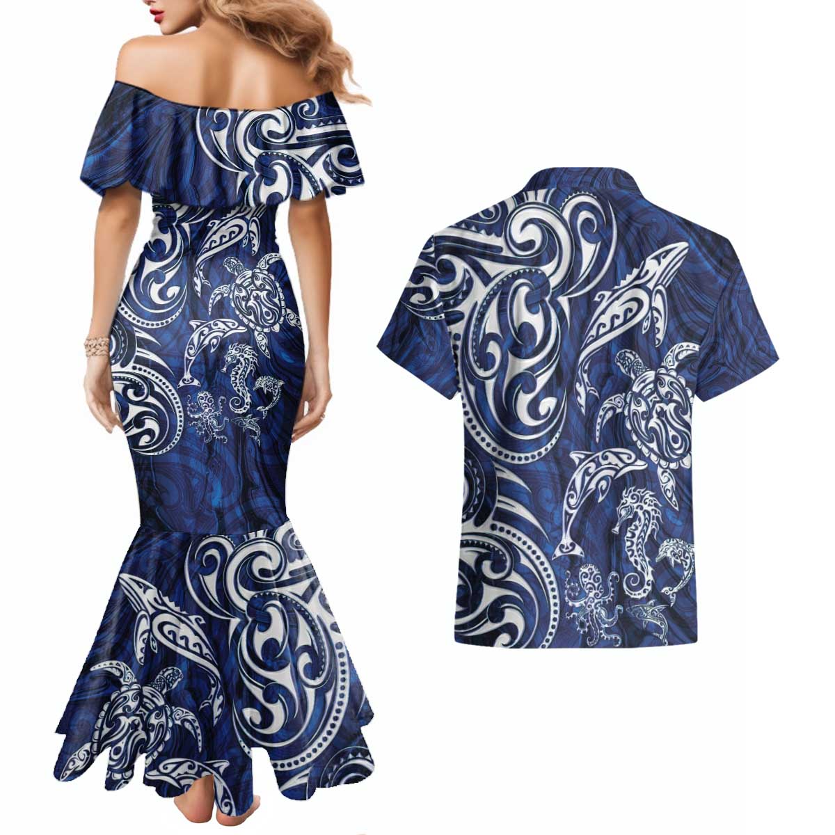New Zealand Connecting with Seas Couples Matching Mermaid Dress and Hawaiian Shirt Maori Tribal and Sea Animals Tattoo - White Glass Style