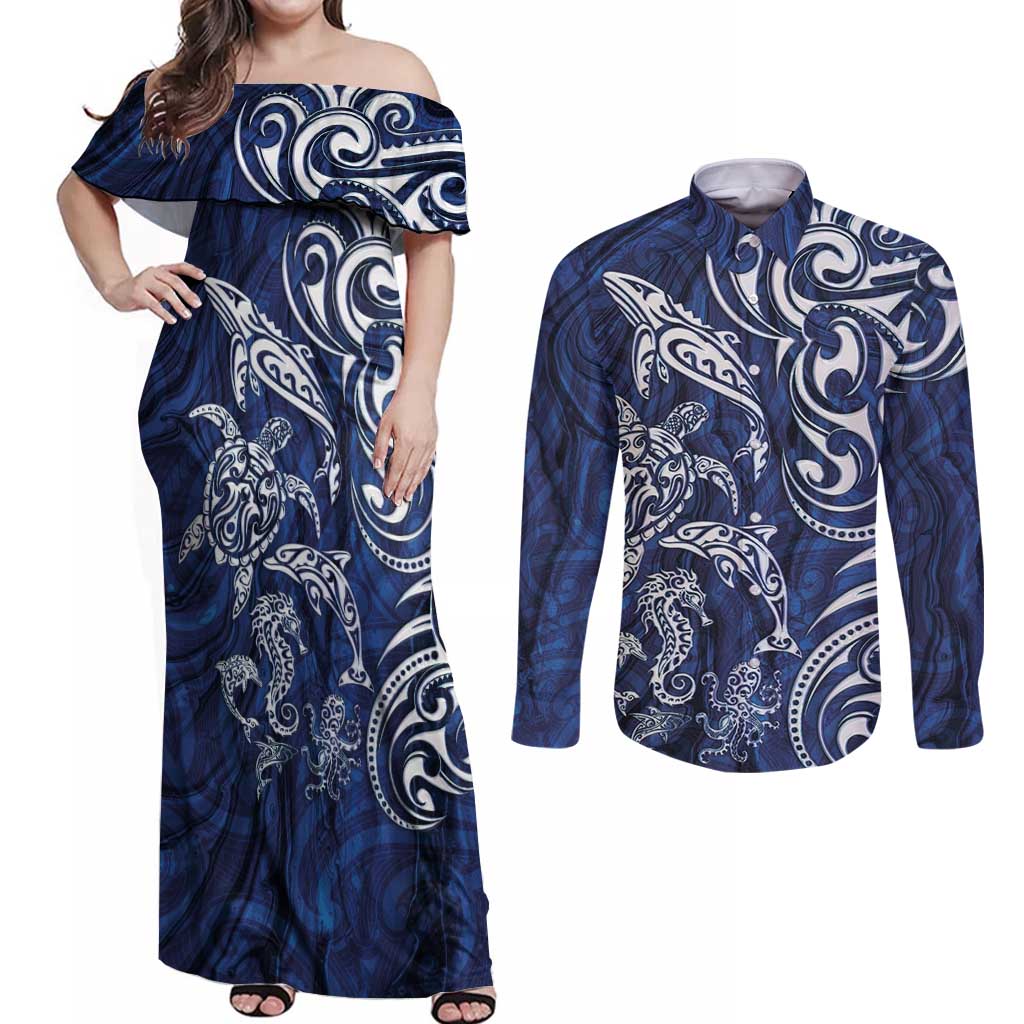 New Zealand Connecting with Seas Couples Matching Off Shoulder Maxi Dress and Long Sleeve Button Shirt Maori Tribal and Sea Animals Tattoo - White Glass Style