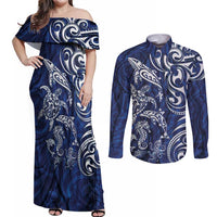 New Zealand Connecting with Seas Couples Matching Off Shoulder Maxi Dress and Long Sleeve Button Shirt Maori Tribal and Sea Animals Tattoo - White Glass Style