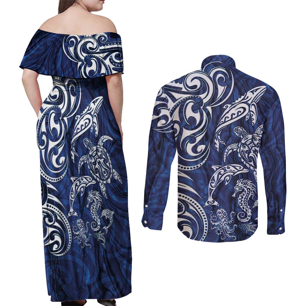 New Zealand Connecting with Seas Couples Matching Off Shoulder Maxi Dress and Long Sleeve Button Shirt Maori Tribal and Sea Animals Tattoo - White Glass Style