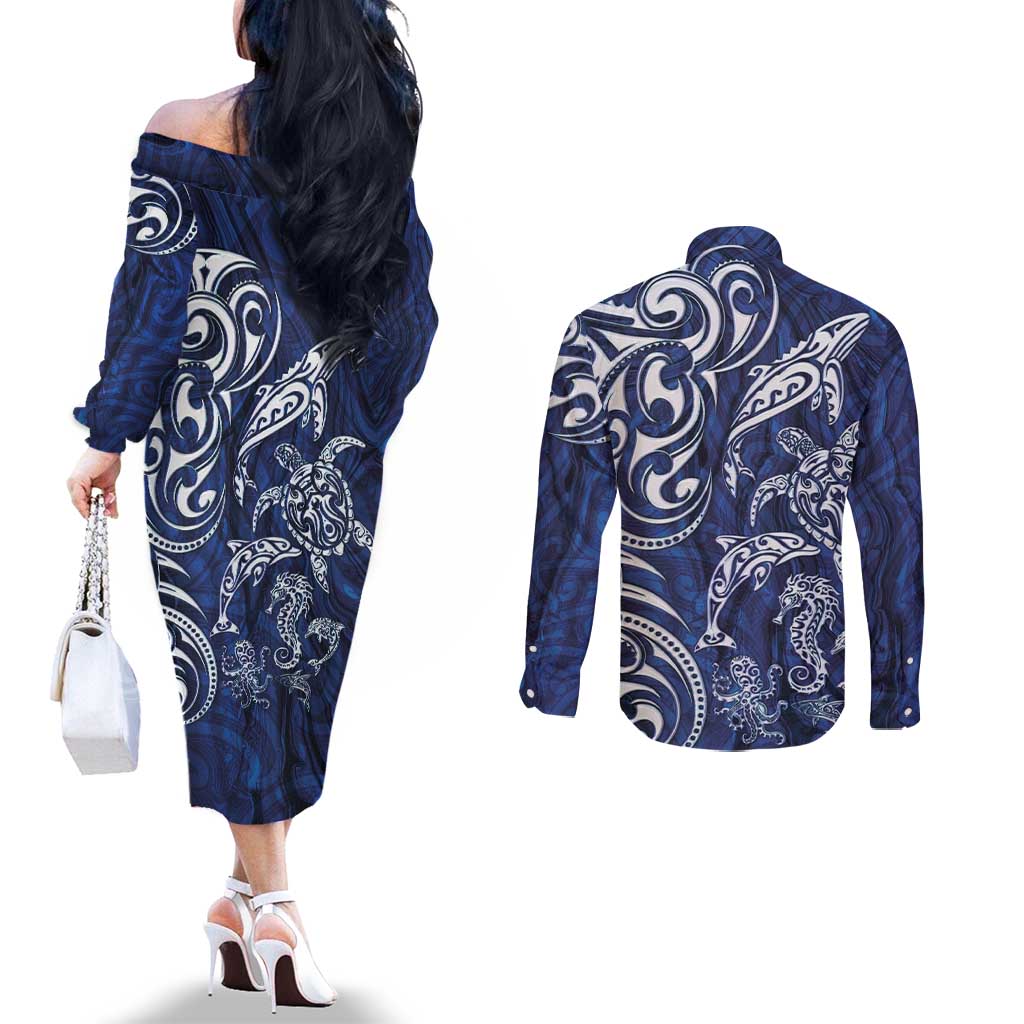 New Zealand Connecting with Seas Couples Matching Off The Shoulder Long Sleeve Dress and Long Sleeve Button Shirt Maori Tribal and Sea Animals Tattoo - White Glass Style