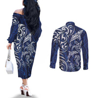 New Zealand Connecting with Seas Couples Matching Off The Shoulder Long Sleeve Dress and Long Sleeve Button Shirt Maori Tribal and Sea Animals Tattoo - White Glass Style