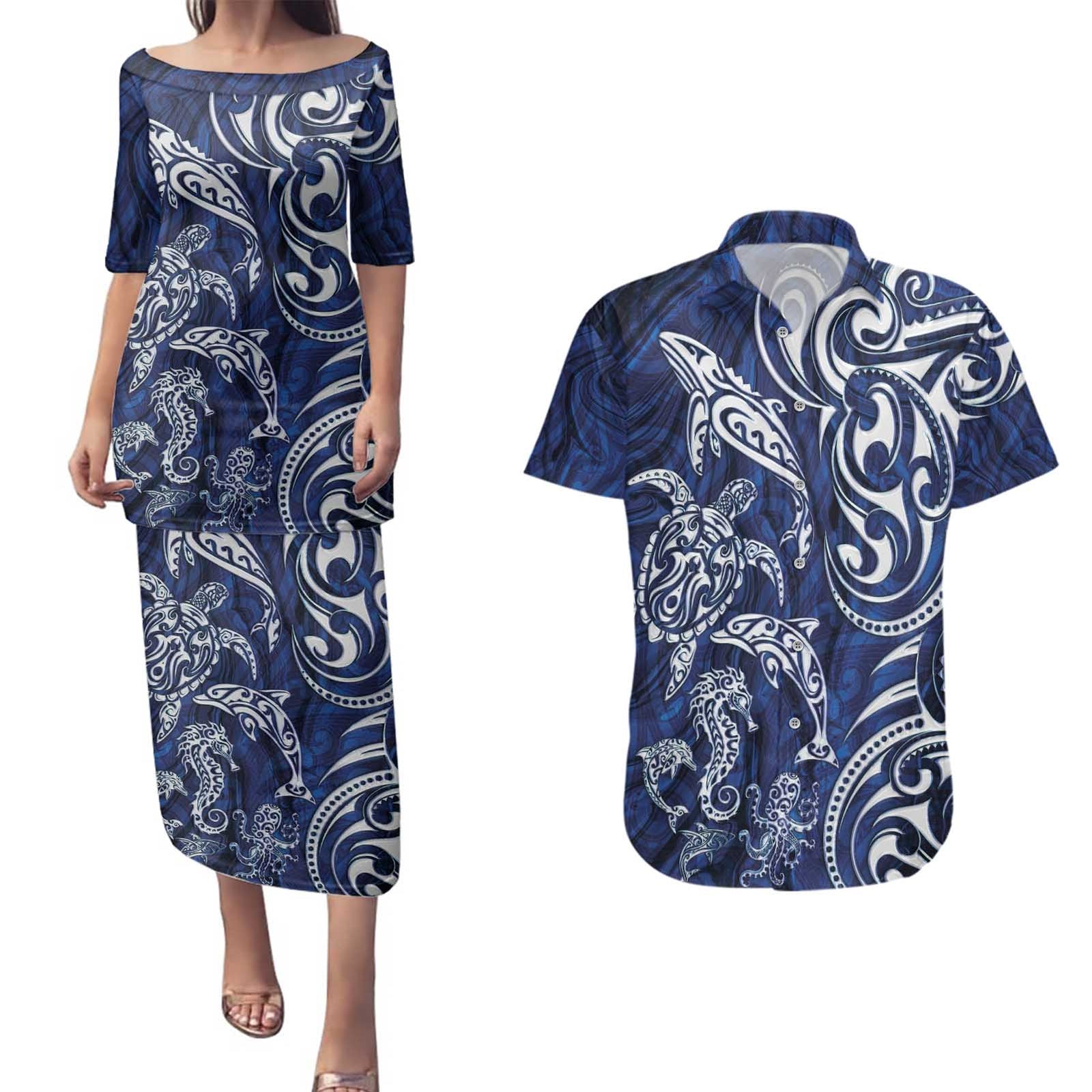 New Zealand Connecting with Seas Couples Matching Puletasi and Hawaiian Shirt Maori Tribal and Sea Animals Tattoo - White Glass Style LT03 Navy - Polynesian Pride