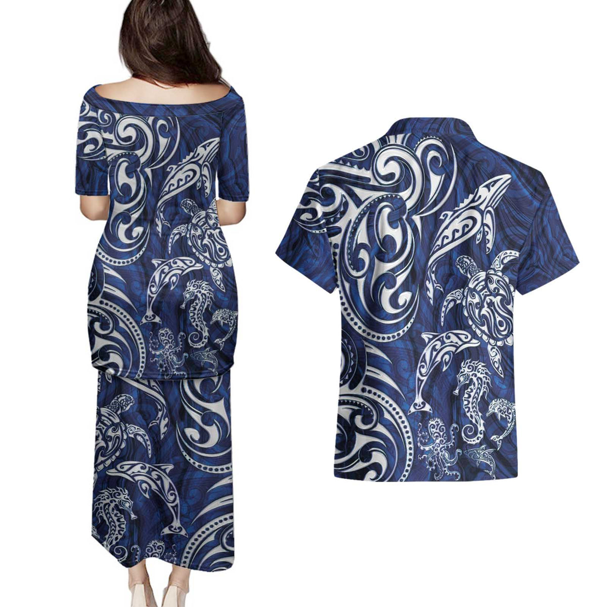 New Zealand Connecting with Seas Couples Matching Puletasi and Hawaiian Shirt Maori Tribal and Sea Animals Tattoo - White Glass Style