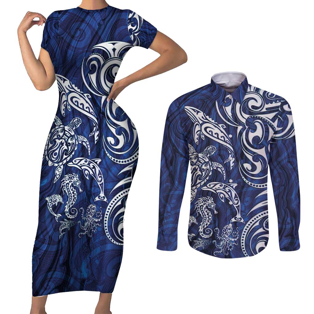 New Zealand Connecting with Seas Couples Matching Short Sleeve Bodycon Dress and Long Sleeve Button Shirt Maori Tribal and Sea Animals Tattoo - White Glass Style