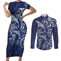 New Zealand Connecting with Seas Couples Matching Short Sleeve Bodycon Dress and Long Sleeve Button Shirt Maori Tribal and Sea Animals Tattoo - White Glass Style