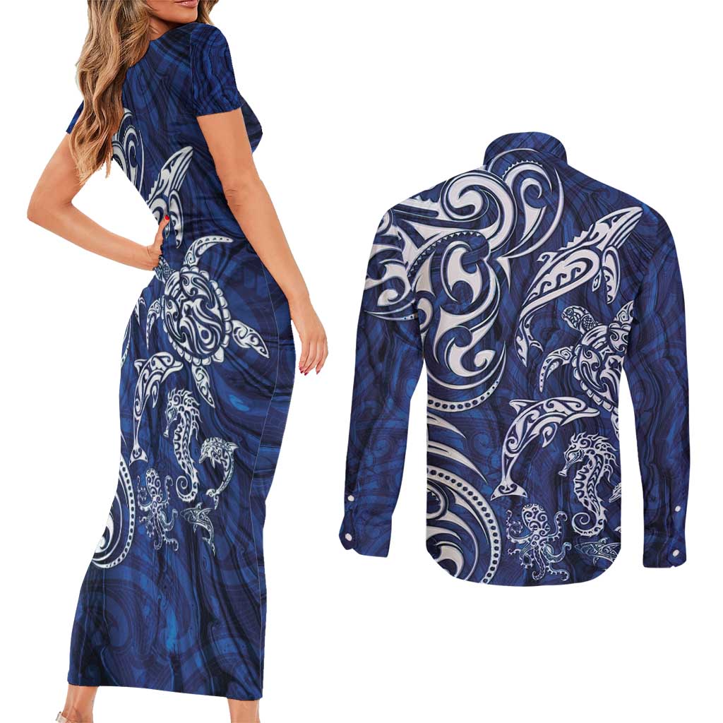 New Zealand Connecting with Seas Couples Matching Short Sleeve Bodycon Dress and Long Sleeve Button Shirt Maori Tribal and Sea Animals Tattoo - White Glass Style