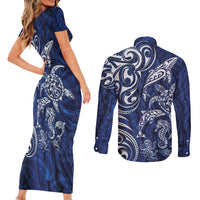 New Zealand Connecting with Seas Couples Matching Short Sleeve Bodycon Dress and Long Sleeve Button Shirt Maori Tribal and Sea Animals Tattoo - White Glass Style