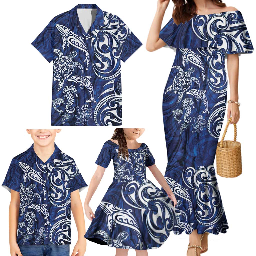 New Zealand Connecting with Seas Family Matching Mermaid Dress and Hawaiian Shirt Maori Tribal and Sea Animals Tattoo - White Glass Style