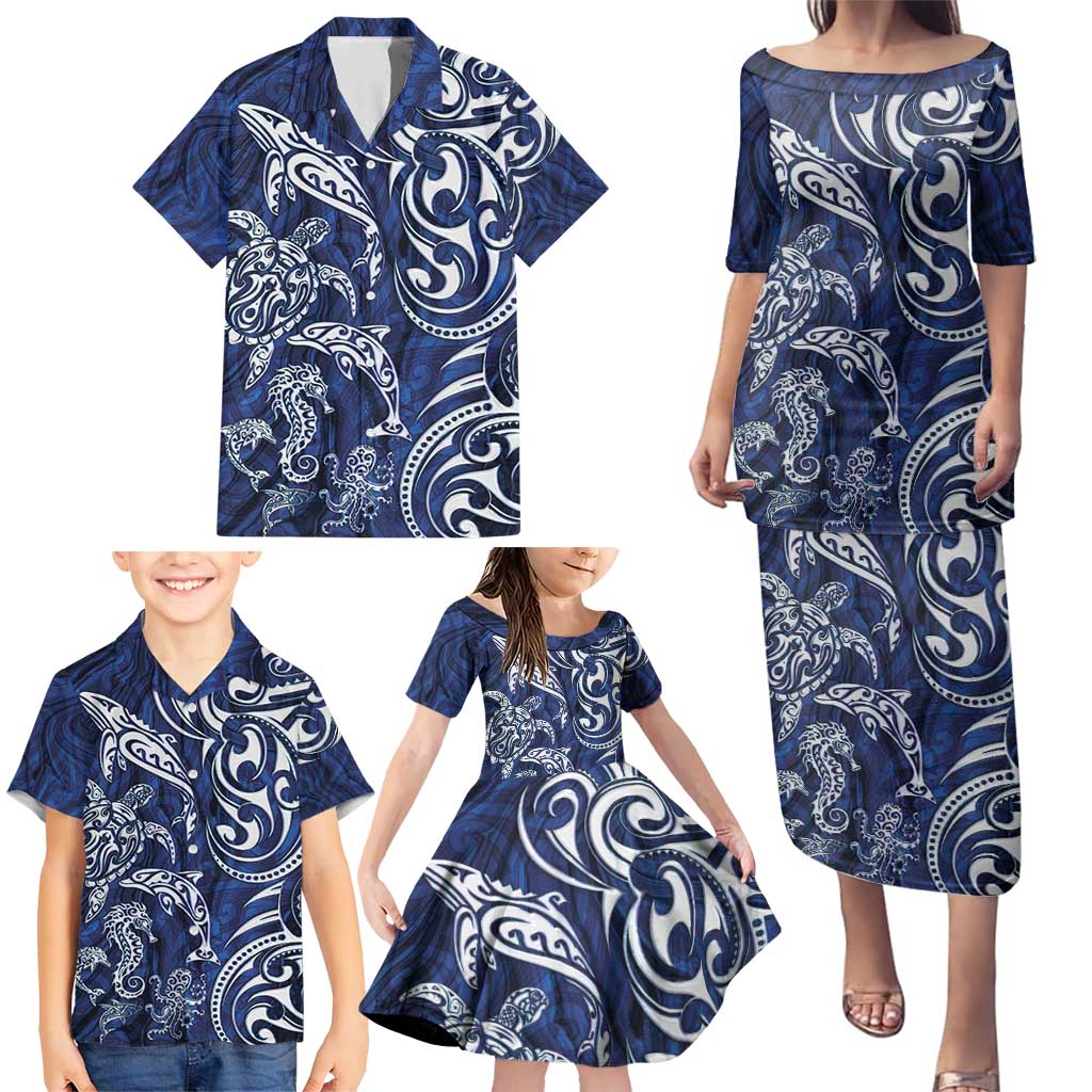 New Zealand Connecting with Seas Family Matching Puletasi and Hawaiian Shirt Maori Tribal and Sea Animals Tattoo - White Glass Style