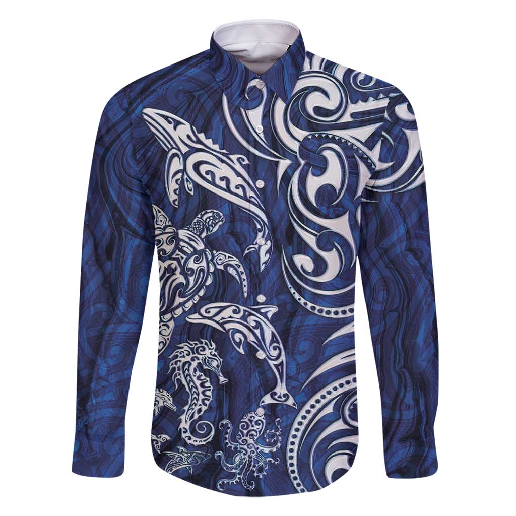 New Zealand Connecting with Seas Family Matching Tank Maxi Dress and Hawaiian Shirt Maori Tribal and Sea Animals Tattoo - White Glass Style LT03 Dad's Shirt - Long Sleeve Navy - Polynesian Pride