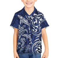 New Zealand Connecting with Seas Family Matching Tank Maxi Dress and Hawaiian Shirt Maori Tribal and Sea Animals Tattoo - White Glass Style LT03 Son's Shirt Navy - Polynesian Pride