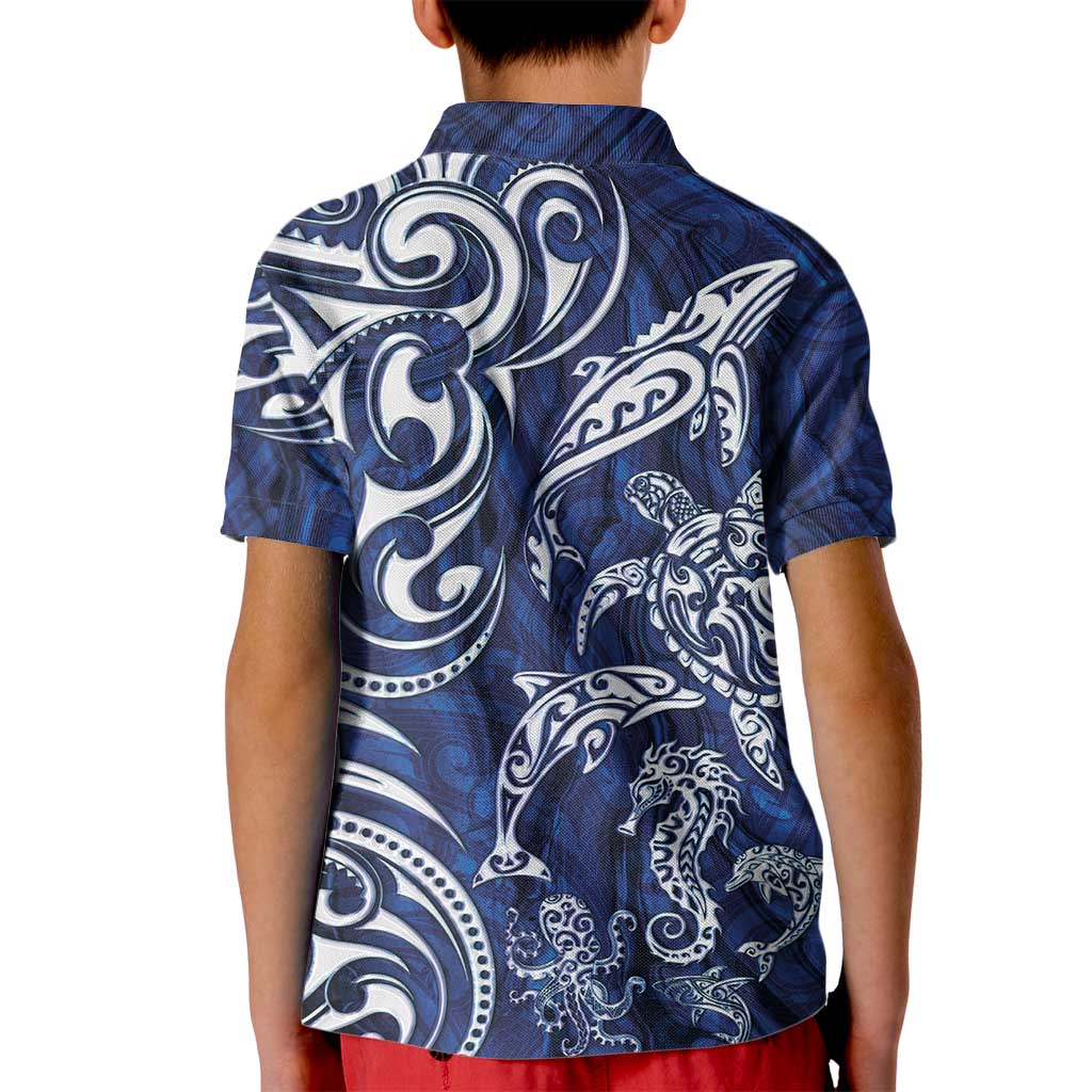 New Zealand Connecting with Seas Kid Polo Shirt Maori Tribal and Sea Animals Tattoo - White Glass Style