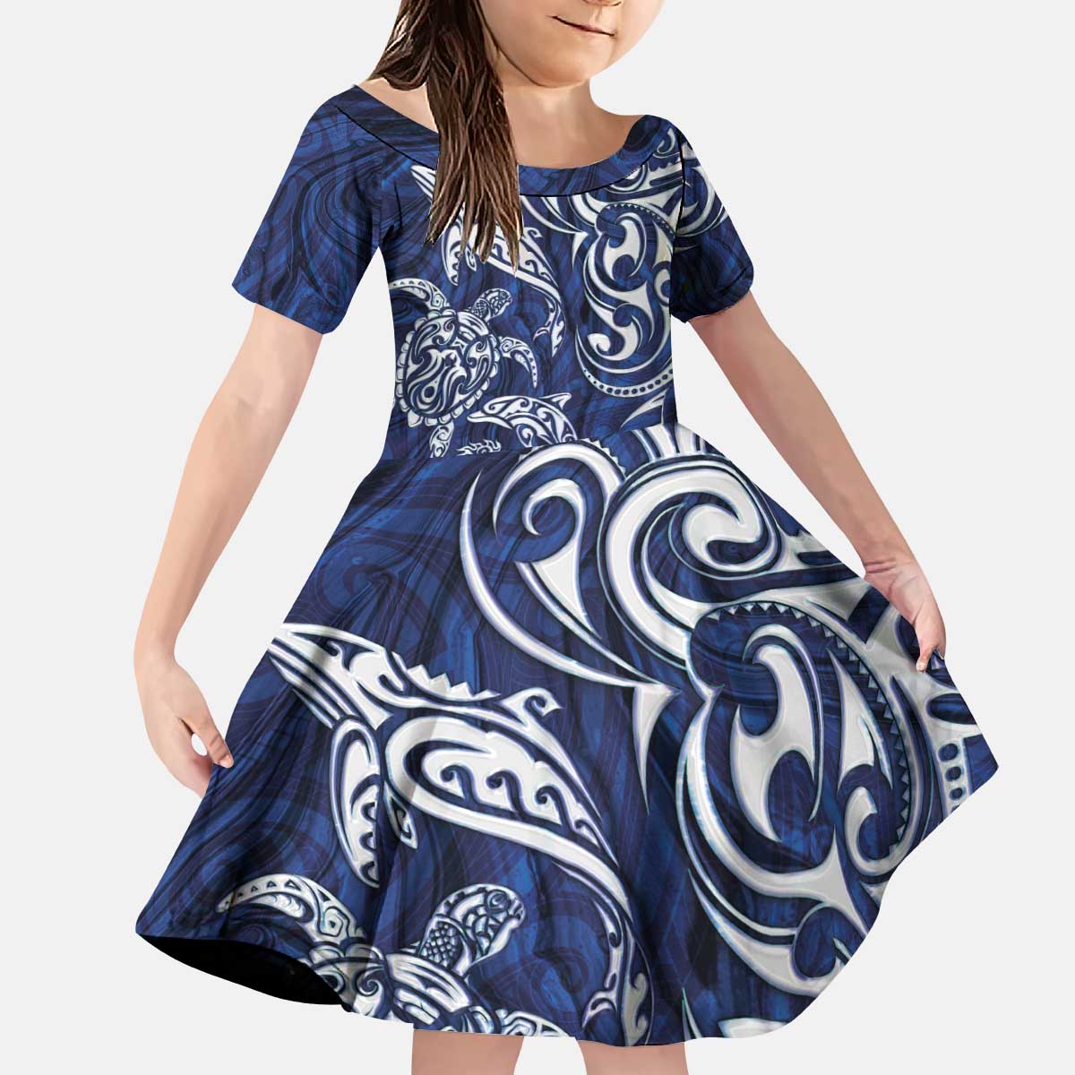 New Zealand Connecting with Seas Kid Short Sleeve Dress Maori Tribal and Sea Animals Tattoo - White Glass Style