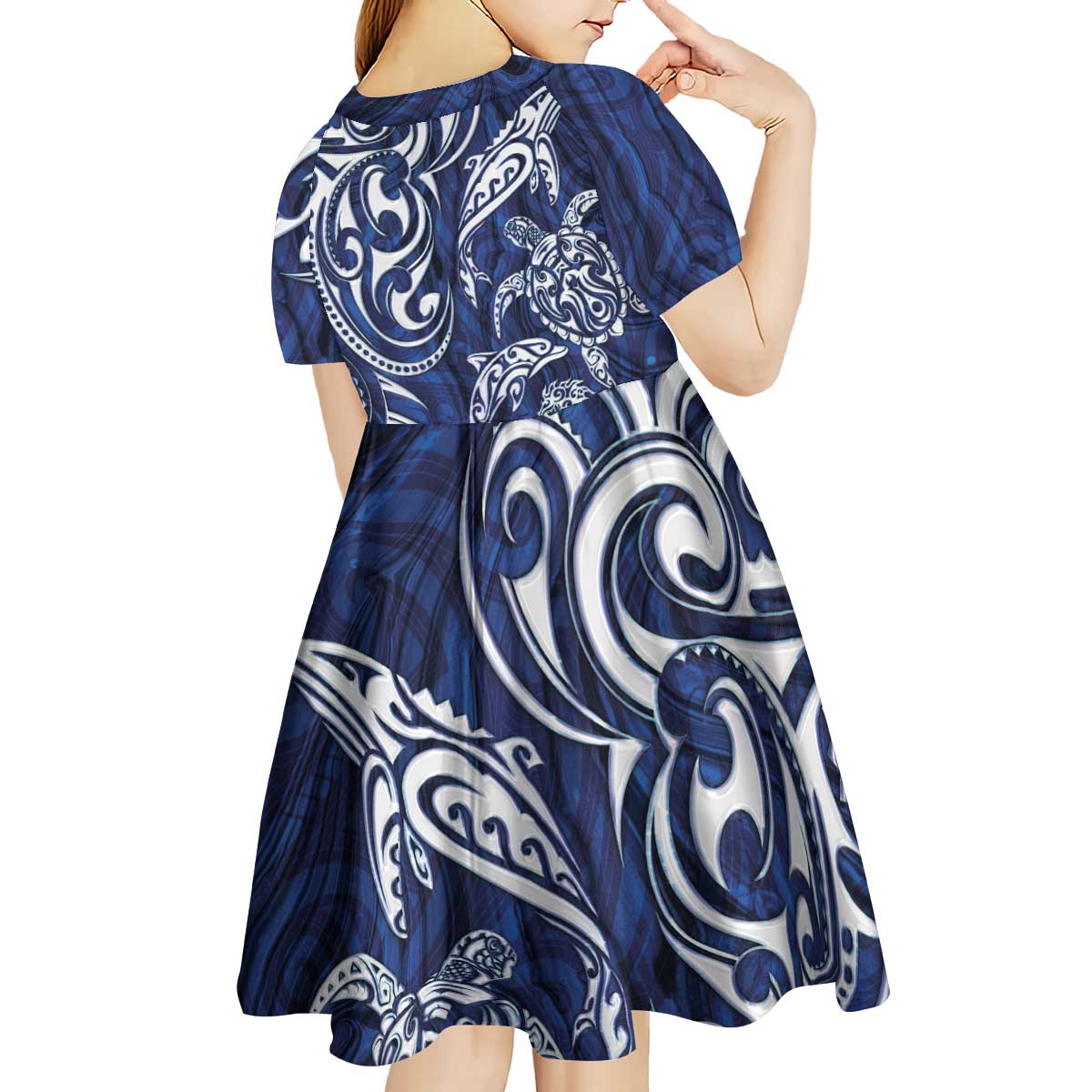 New Zealand Connecting with Seas Kid Short Sleeve Dress Maori Tribal and Sea Animals Tattoo - White Glass Style