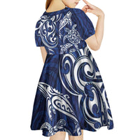 New Zealand Connecting with Seas Kid Short Sleeve Dress Maori Tribal and Sea Animals Tattoo - White Glass Style