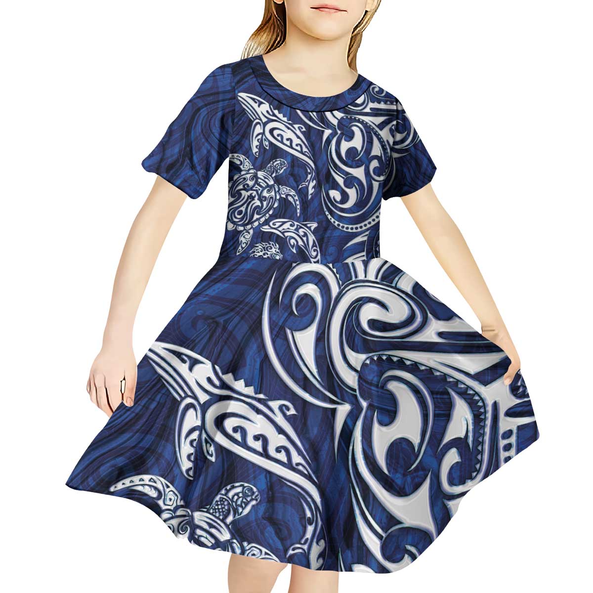 New Zealand Connecting with Seas Kid Short Sleeve Dress Maori Tribal and Sea Animals Tattoo - White Glass Style