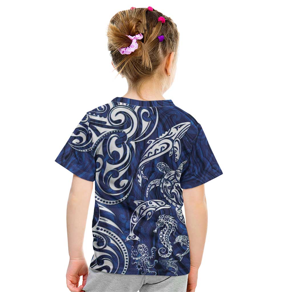 New Zealand Connecting with Seas Kid T Shirt Maori Tribal and Sea Animals Tattoo - White Glass Style