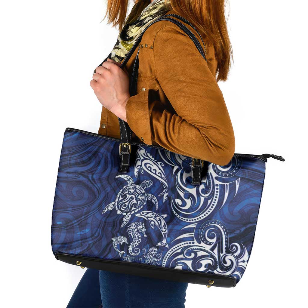 New Zealand Connecting with Seas Leather Tote Bag Maori Tribal and Sea Animals Tattoo - White Glass Style LT03 Navy - Polynesian Pride