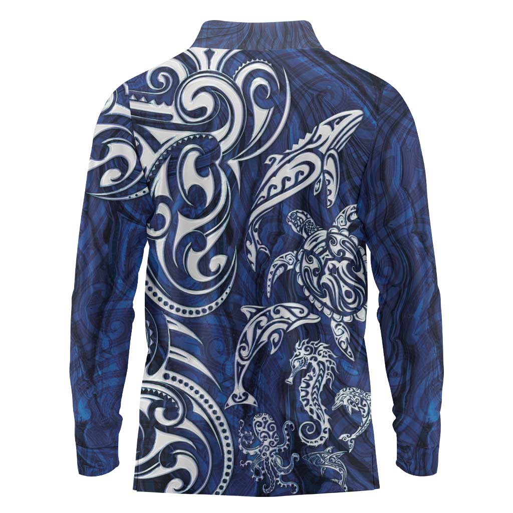 New Zealand Connecting with Seas Long Sleeve Polo Shirt Maori Tribal and Sea Animals Tattoo - White Glass Style