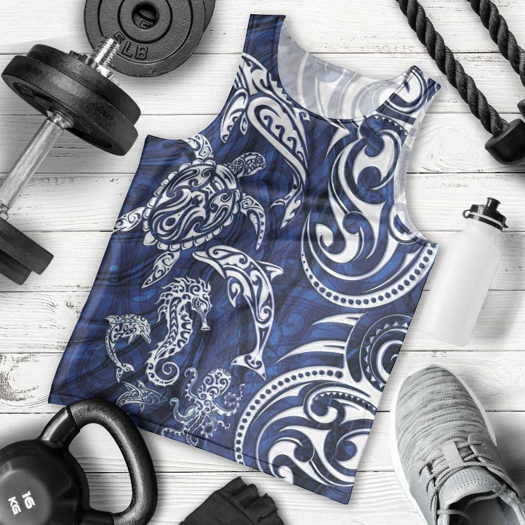 New Zealand Connecting with Seas Men Tank Top Maori Tribal and Sea Animals Tattoo - White Glass Style