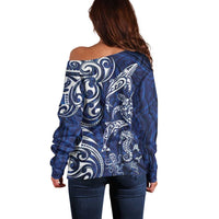 New Zealand Connecting with Seas Off Shoulder Sweater Maori Tribal and Sea Animals Tattoo - White Glass Style