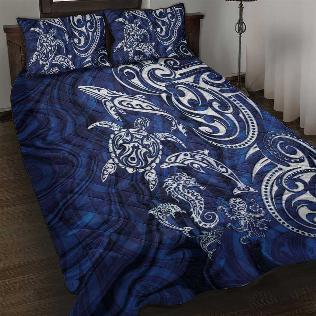 New Zealand Connecting with Seas Quilt Bed Set Maori Tribal and Sea Animals Tattoo - White Glass Style