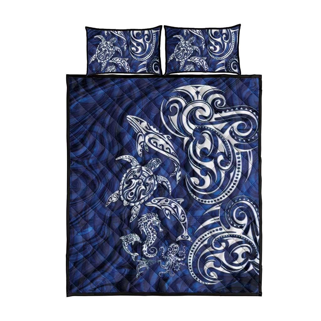 New Zealand Connecting with Seas Quilt Bed Set Maori Tribal and Sea Animals Tattoo - White Glass Style