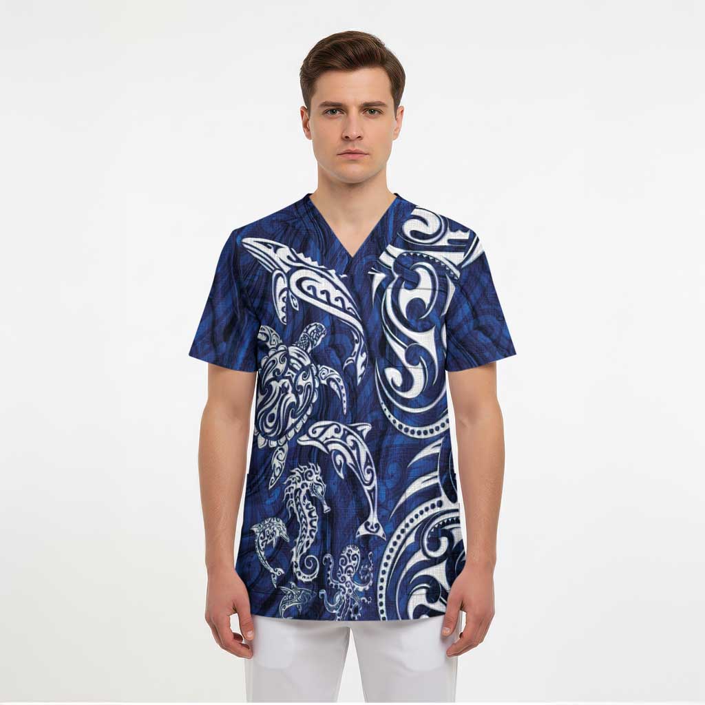 New Zealand Connecting with Seas Scrub Top Maori Tribal and Sea Animals Tattoo - White Glass Style - Polynesian Pride