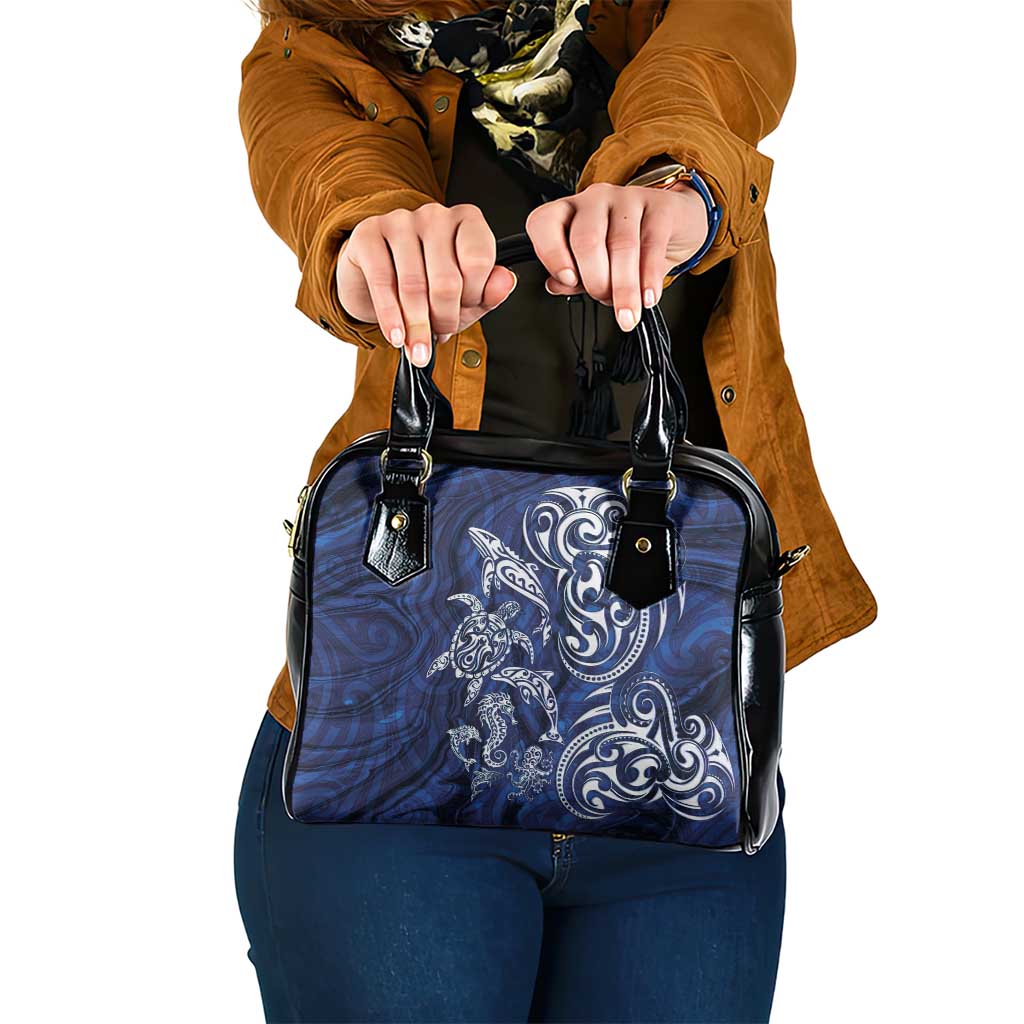 New Zealand Connecting with Seas Shoulder Handbag Maori Tribal and Sea Animals Tattoo - White Glass Style LT03 One Size Navy - Polynesian Pride