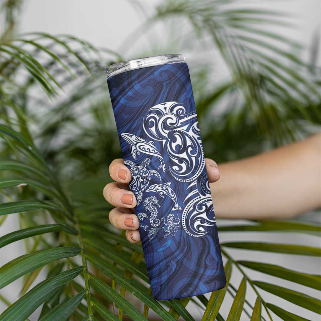 New Zealand Connecting with Seas Skinny Tumbler Maori Tribal and Sea Animals Tattoo - White Glass Style