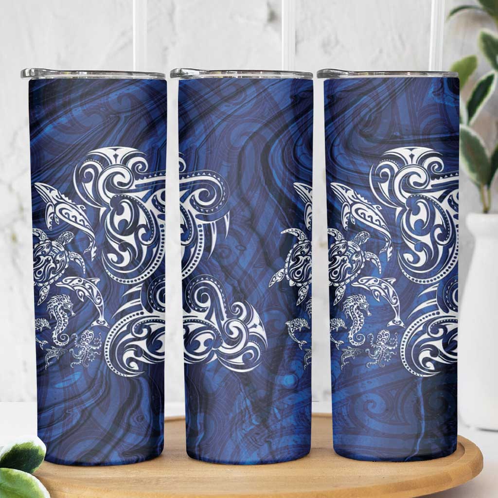 New Zealand Connecting with Seas Skinny Tumbler Maori Tribal and Sea Animals Tattoo - White Glass Style