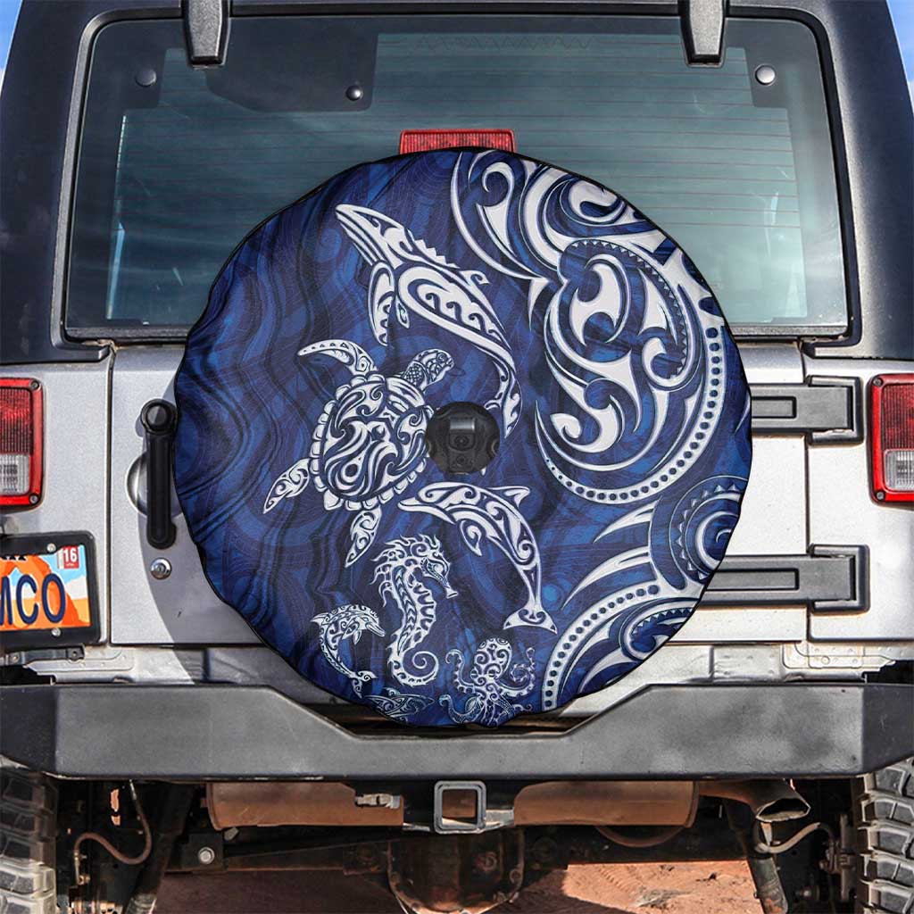 New Zealand Connecting with Seas Spare Tire Cover Maori Tribal and Sea Animals Tattoo - White Glass Style LT03 Navy - Polynesian Pride