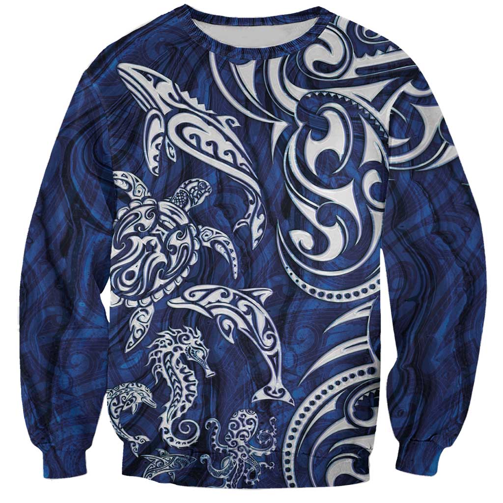New Zealand Connecting with Seas Sweatshirt Maori Tribal and Sea Animals Tattoo - White Glass Style